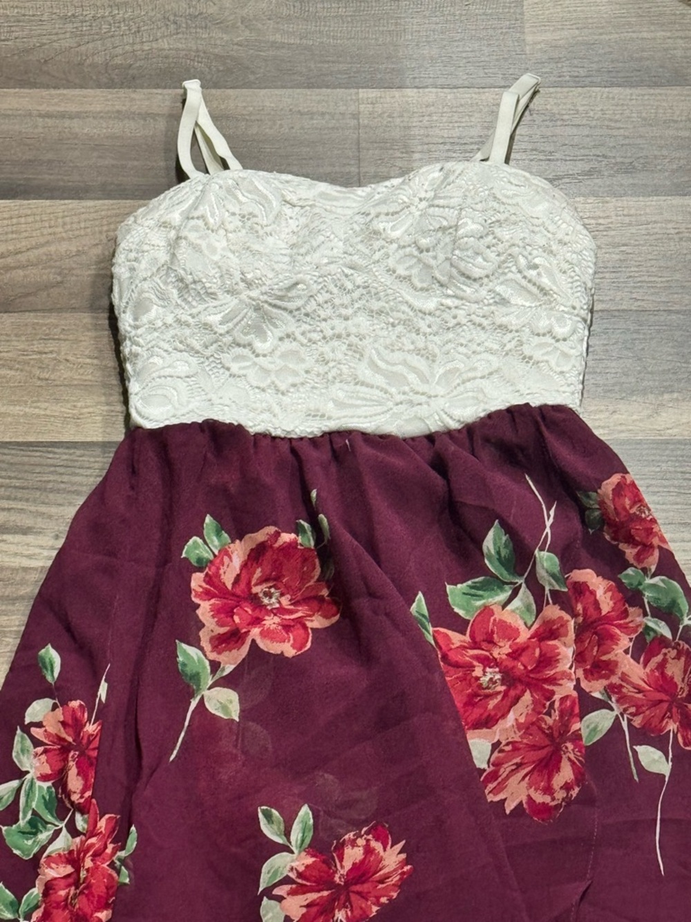 Lily Rose White Lace Bodice Burgundy Floral High-Low Dress - Picture 2 of 3